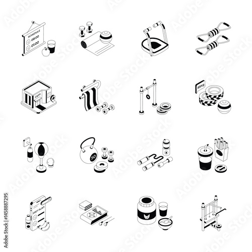 Get this handy set of gym and fitness isometric outline icons