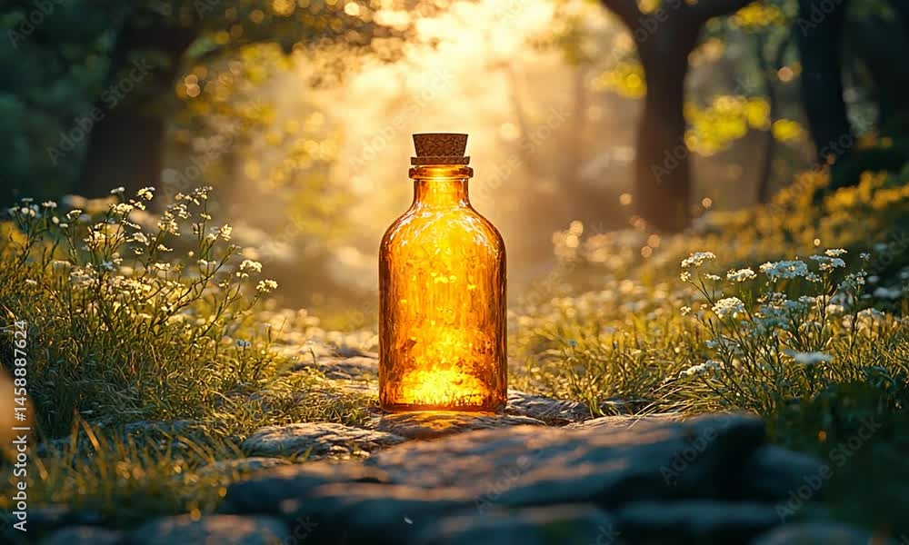A glowing amber bottle sits on a stone path in a sunlit forest, surrounded by wildflowers A glowing amber bottle sits on a stone path in a sunlit forest, surrounded by wildflowers