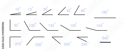 Degree angle icon set. Various angle symbols for mathematical and geometric purposes. School trigonometry learning. PNG