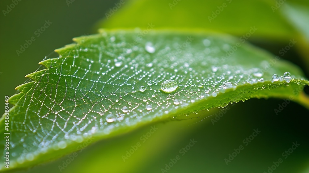 Close-up of a dew-covered leaf with a spiderweb, showcasing glistening water droplets and intricate leaf texture. The vibrant green leaf contrasts beautifully with the clear water. : Generative AI Close-up of a dew-covered leaf with a spiderweb, showcasing glistening water droplets and intricate leaf texture. The vibrant green leaf contrasts beautifully with the clear water. : Generative AI