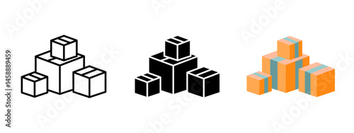 Boxes icon. Group of stacked cardboard packages in isometric view vector illustration. Symbol of shipping, delivery and logistics. Storage and warehouse cargo arrangement pictogram.