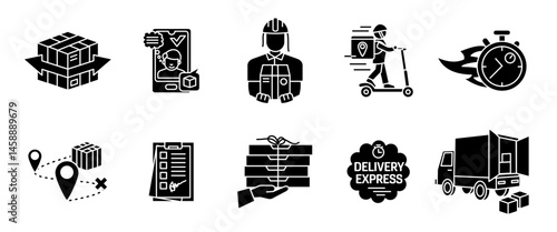 Delivery service icon set. Courier, parcel tracking, express transport, shipping route and logistics glyph elements. Transportation black symbol. Fast delivery sign. E-commerce logistics pictogram.