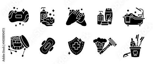 Personal hygiene icon set. Soap, handwashing, toothbrush, skincare products, shaving tools and bath glyph accessories. Cleanliness and daily care routine black symbol. Sanitary care pictogram.