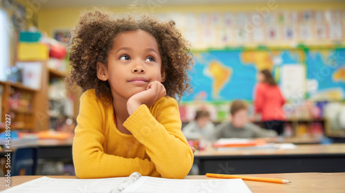 Young african female student daydreaming in classroom with map background