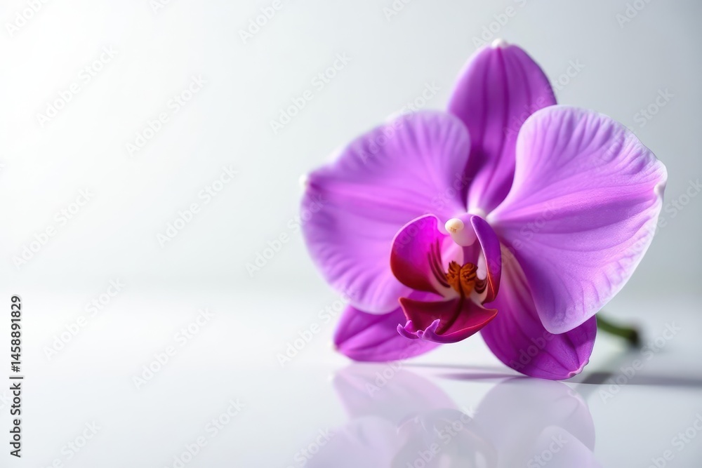 Obraz premium Single, ethereal purple orchid; striking contrast against a pure white surface, mirrored below , shadow, vibrant, closeup