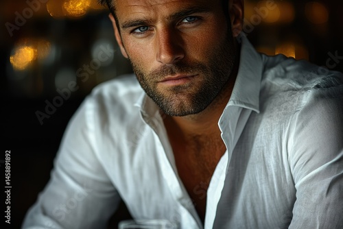 A handsome man with intense blue eyes and a well-groomed beard, wearing a crisp white shirt.