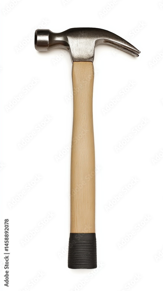 A claw hammer with a light brown wooden handle and a black rubber grip at the base, isolated on a white background. The hammer head is made of steel with a slightly worn appearance. A claw hammer with a light brown wooden handle and a black rubber grip at the base, isolated on a white background. The hammer head is made of steel with a slightly worn appearance.