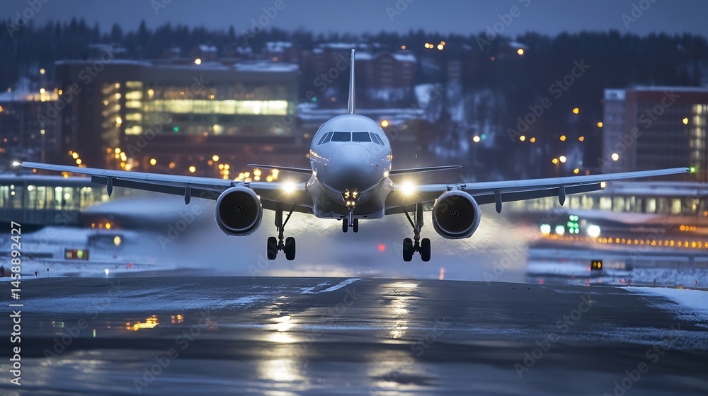 Airplane landing at night, low angle view of a commercial jetliner touching down on a snowy runway with city lights blurred in the background. : Generative AI Airplane landing at night, low angle view of a commercial jetliner touching down on a snowy runway with city lights blurred in the background. : Generative AI