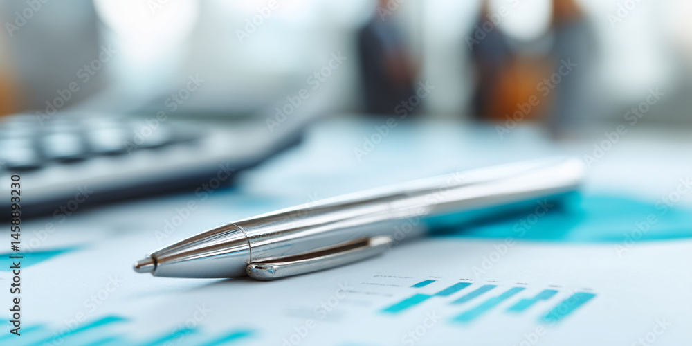 Close-up of metallic pen on financial charts, blurred background shows office scene, suggesting business analysis or planning Close-up of metallic pen on financial charts, blurred background shows office scene, suggesting business analysis or planning