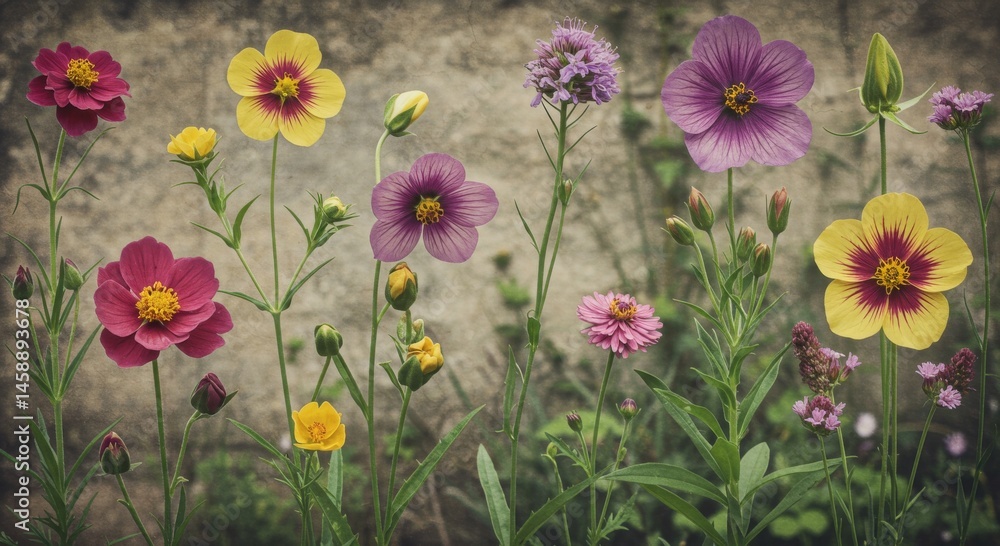 Fototapeta premium Colorful Wildflowers Against a Weathered Stone Wall