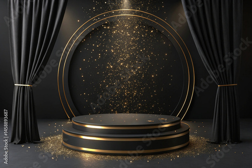 Elegant black gold podium stage with falling glitter dramatic curtains award ceremony backdrop