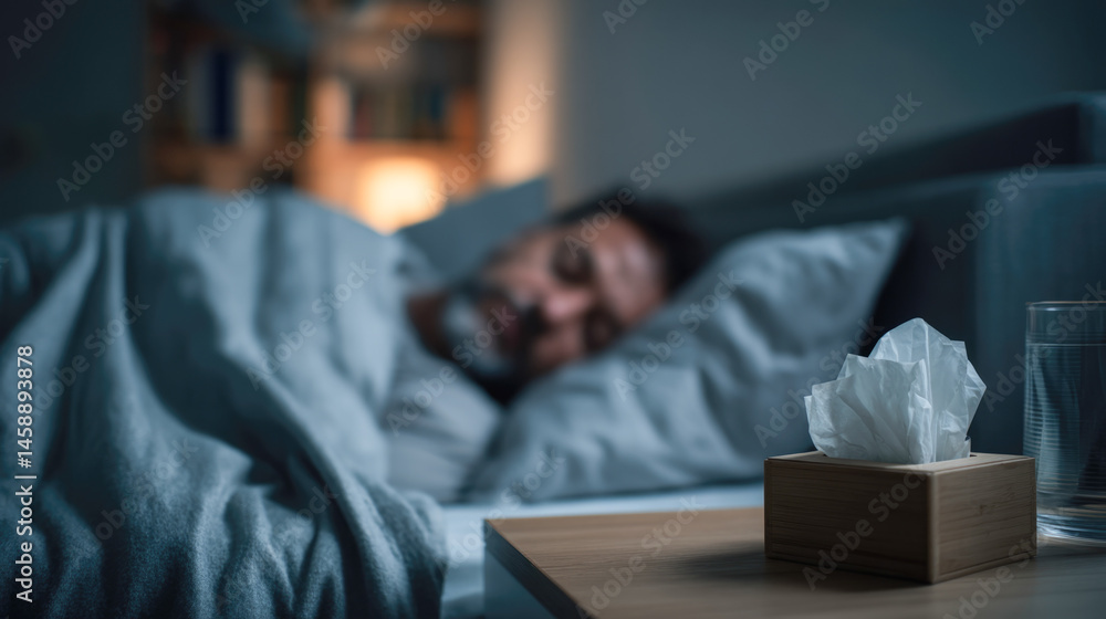 Caucasian male adult resting in bed with tissues and water on nightstand Caucasian male adult resting in bed with tissues and water on nightstand