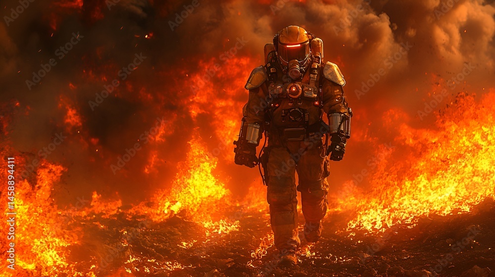 Firefighter in protective suit walking through inferno. Firefighter in protective suit walking through inferno.