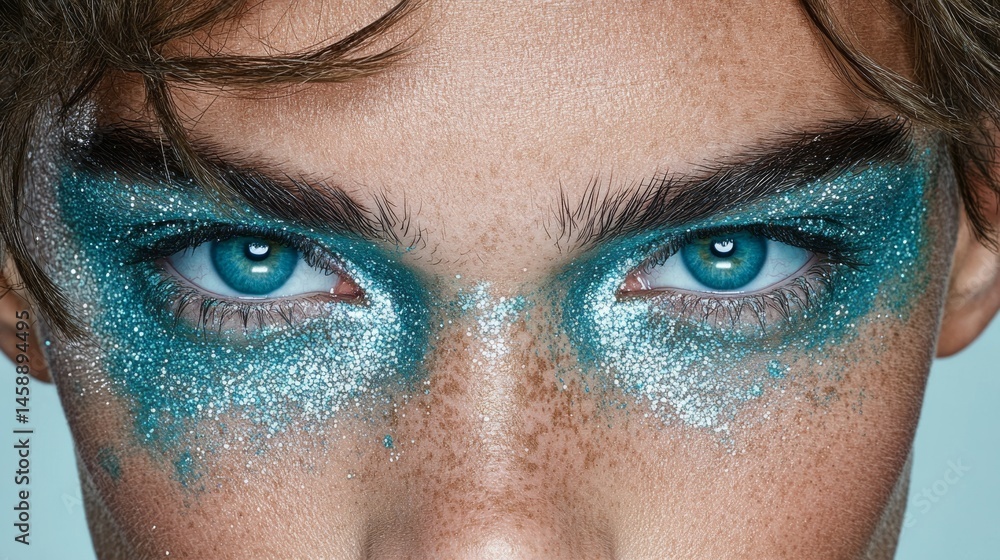 Fototapeta premium Dramatic close-up portrait of a model with glittery eye makeup studio setting fashion photography vibrant colors