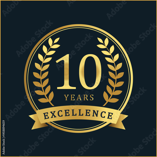 10 Years of Excellence – Golden Anniversary Badge with Ribbon and Laurel Wreaths