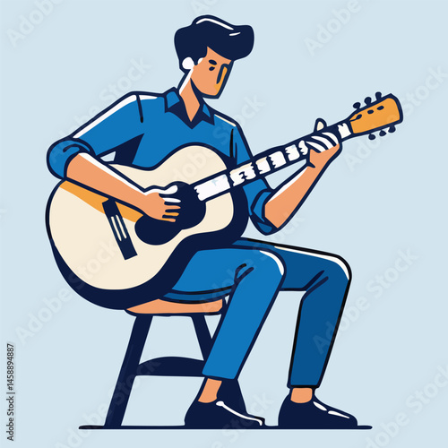 Focused Caucasian musician plays acoustic guitar while seated on a stool with a casual posture
