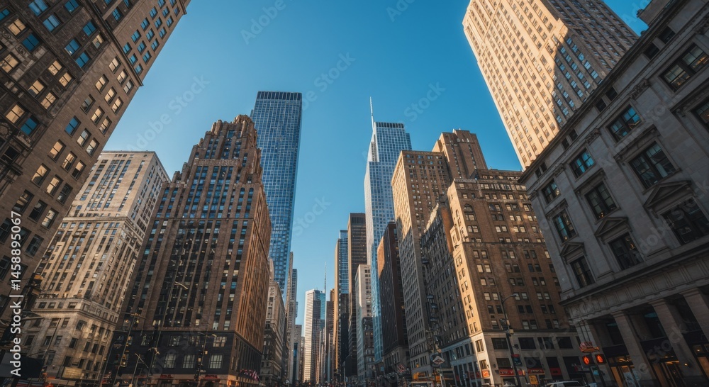 Fototapeta premium Upward View of City Skyscrapers on a Sunny Day