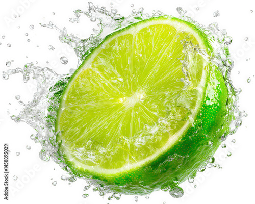 Fresh lime slice water splash citrus fruit green color isolated black refreshing healthy juicy food photography vibrant natural drink garnish summer cocktail ingredient vitamin C organic close up