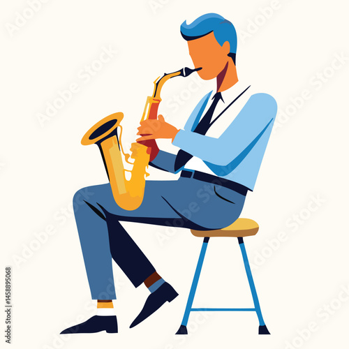 A young stylish man is seen playing the golden saxophone while sitting on stool