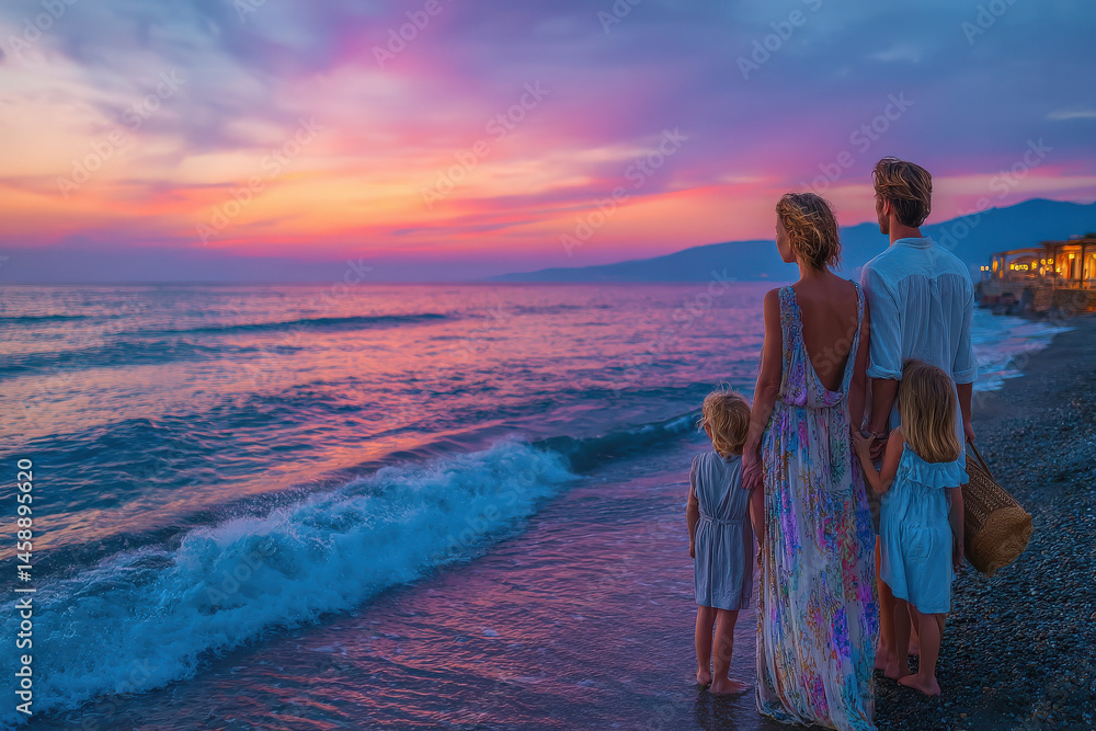 Fototapeta premium Family of four watches a vibrant sunset over the ocean, standing on a pebble beach. The parents hold hands with their two young daughters, enjoying the colorful twilight sky.
