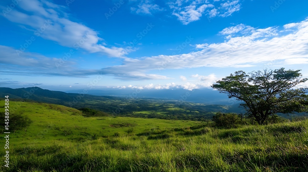 Serene vista of a vast green pasture, rolling hills, and a lone tree under a vibrant blue sky dotted with fluffy white clouds. A picturesque landscape photo ideal for travel, nature, a : Generative AI Serene vista of a vast green pasture, rolling hills, and a lone tree under a vibrant blue sky dotted with fluffy white clouds. A picturesque landscape photo ideal for travel, nature, a : Generative AI