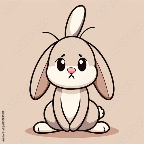 Cartoon bunny with a sad expression is sitting and looking very disheartened