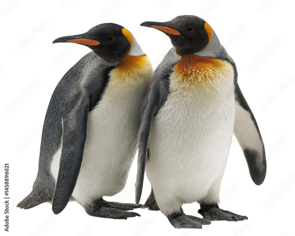 Naklejka premium Two penguins standing close together, showcasing their distinctive black and white feathers with orange accents. This charming duo exudes sense of companionship and warmth, perfect for any nature