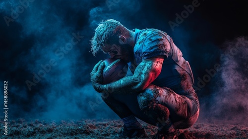 Emotional football player reflects on game stadium photo dark atmosphere close-up resilience