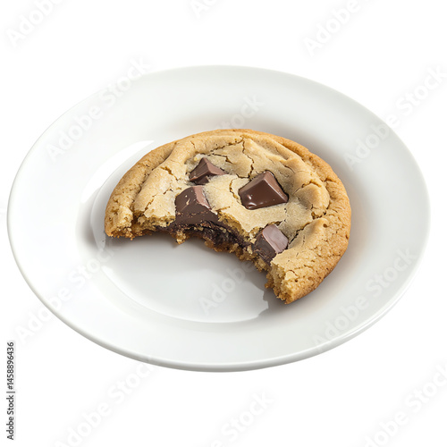 Chocolate chip cookie with bite on white plate, on white background.
