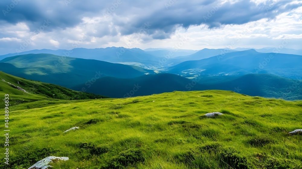 Fototapeta premium Serene vista of rolling green hills and distant blue mountains under a partly cloudy sky, offering a peaceful landscape panorama. : Generative AI