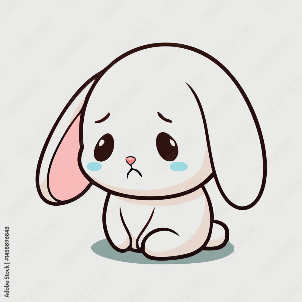 Cartoon bunny appears saddened with tears flowing as it crouches on the floor Cartoon bunny appears saddened with tears flowing as it crouches on the floor