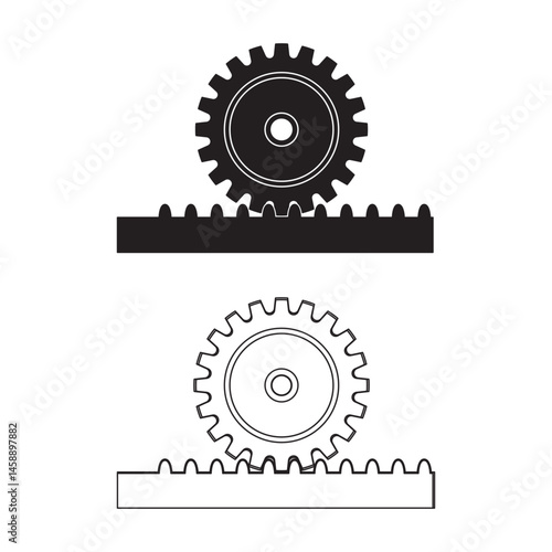 Stylized rack and pinion gear vector in outline and solid format. Ideal for mechanical diagrams, automation concepts, and engineering infographics.