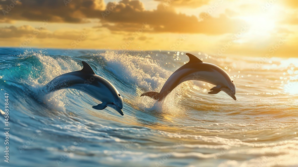 Obraz premium A serene beach scene with dolphins leaping gracefully through crystal-clear waves under a golden sunset. .