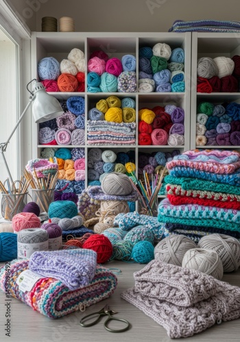 Colorful Yarn and Crochet Projects in a Craft Studio