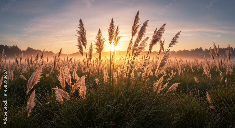 Sunrise Over a Misty Field of Tall Grass Sunrise Over a Misty Field of Tall Grass