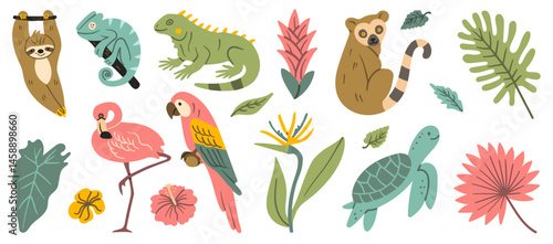 Colorful hand-drawn illustration of exotic animals and tropical plants in doodle pen imitation, featuring sloth, iguana, turtle, flamingo, parrot, chameleon, lemur, and jungle leaves.