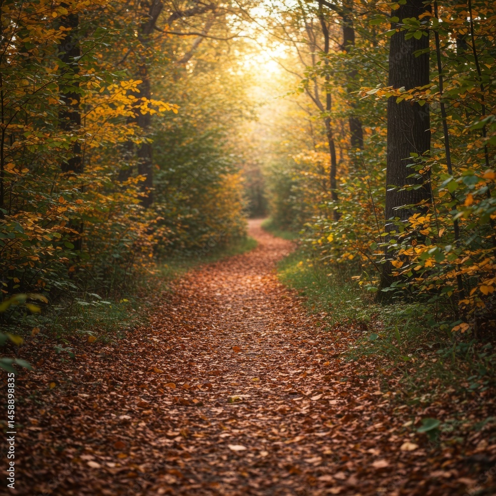 Obraz premium Autumn Forest Path with Golden Sunlight and Red Brown Leaves