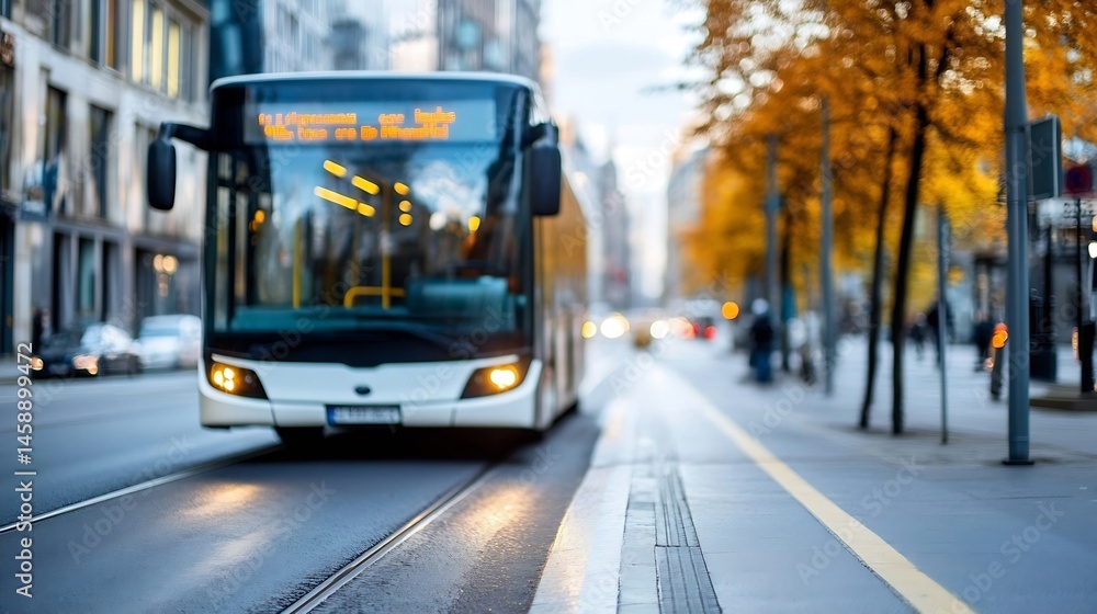 Fototapeta premium A modern city bus stops at a tram track on a tree-lined autumn street, showcasing urban transportation and seasonal ambiance. : Generative AI