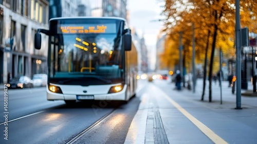 A modern city bus stops at a tram track on a tree-lined autumn street, showcasing urban transportation and seasonal ambiance. : Generative AI © Generative AI