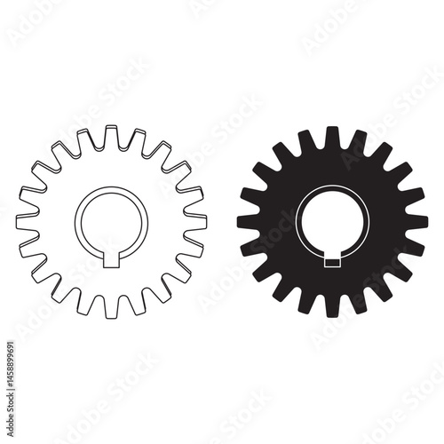 Minimal spur gear icon vector in solid and outline style, perfect for mechanical, industrial, or tech-themed designs. Includes black and white versions for versatile use.