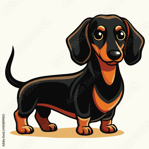 Cartoon dachshund with black and orange markings stands confidently against a cream backdrop