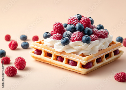 Obraz na płótnie A square waffle with cream and berries on top. On the table are some more blueberries and raspberries, against a light background. Food photography, delicious. w salonie