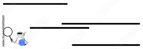 Robot with magnifying glass inspecting a coin, symbolizing analysis, research, or financial scrutiny. Ideal for AI, finance, investment, automation auditing investigation fintech. Flat simple