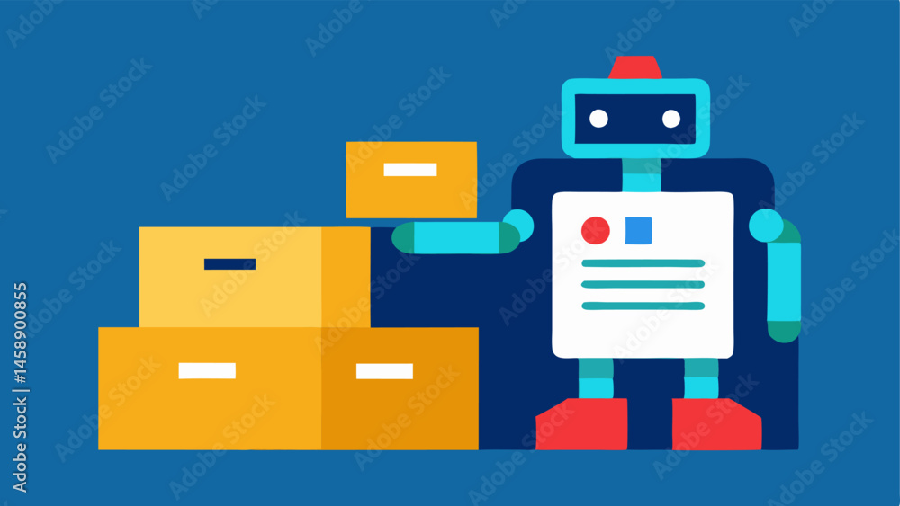 Obraz premium Document Filing A robot sorting and filing paper documents into labeled folders on a digital filing cabinet while a progress bar indicates completion.