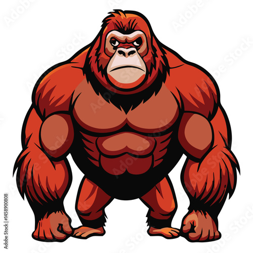 Fierce orangutan with defined muscles stares forward powerfully on white background, radiating strength and determination