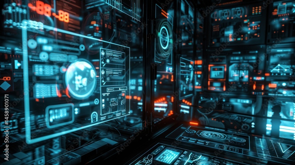 Fototapeta premium Server room with digital security interface overlay