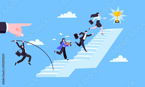 Success career ladder steps path challenge with business goal achievement trophy objective on the top of it business concept flat vector illustration. Office person running onto success career steps.