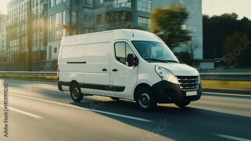 A white delivery van driving on a city street with blurred background in motion on a sunny day
