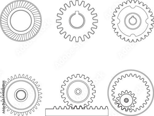 Collection of editable stroke line-art  diagram showcasing six types of gear mechanisms including hypoid, spur, worm, helical, rack and pinion, and internal gears for mechanical applications.