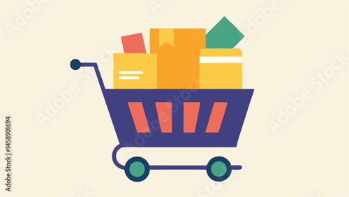 Shopping Cart A shopping cart filled with assorted secondhand items such as books toys and clothing symbolizing a joyful and sustainable shopping experience.